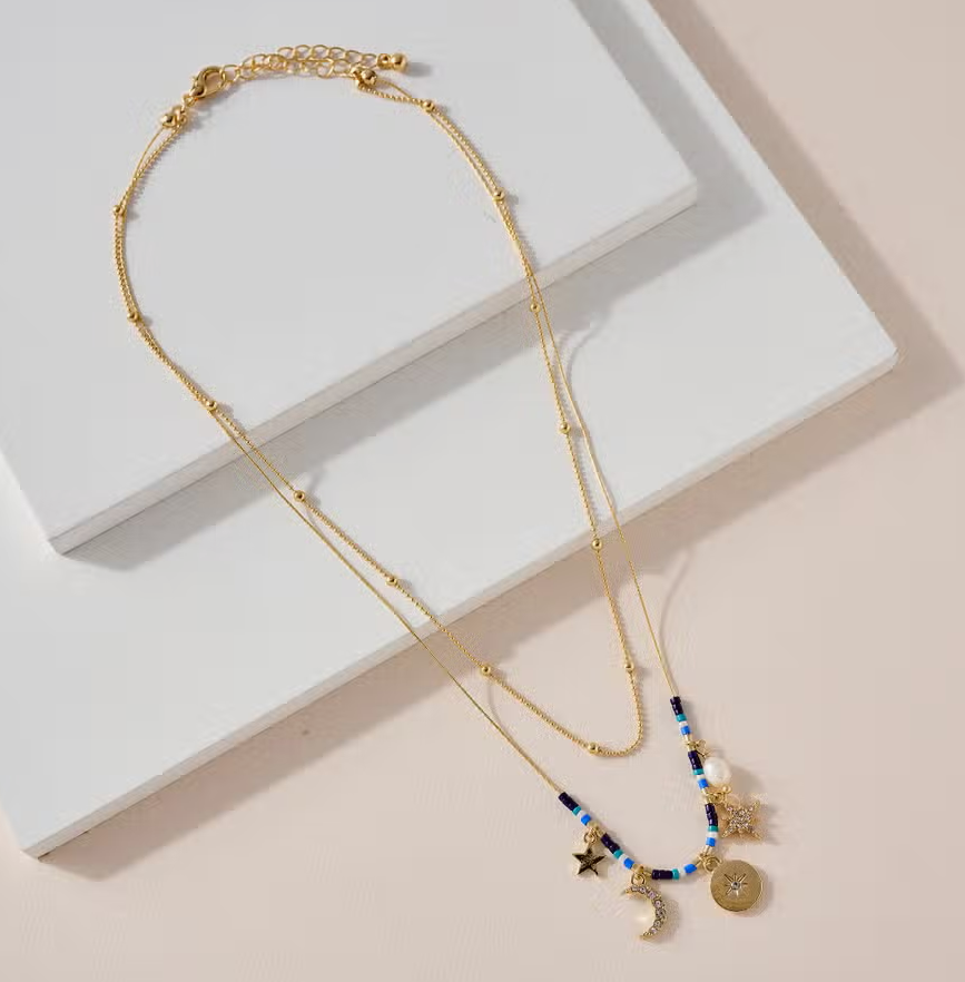 Luna Layered Moon & Star Beaded 16" Gold Plated Necklace in Blue & Gold