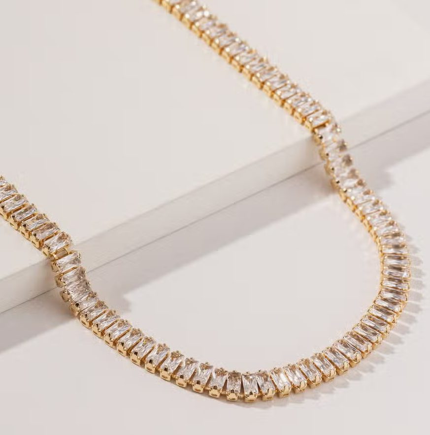 Always Glam Tennis Baguette Rhinestone 14" Gold Dipped Necklace in Clear