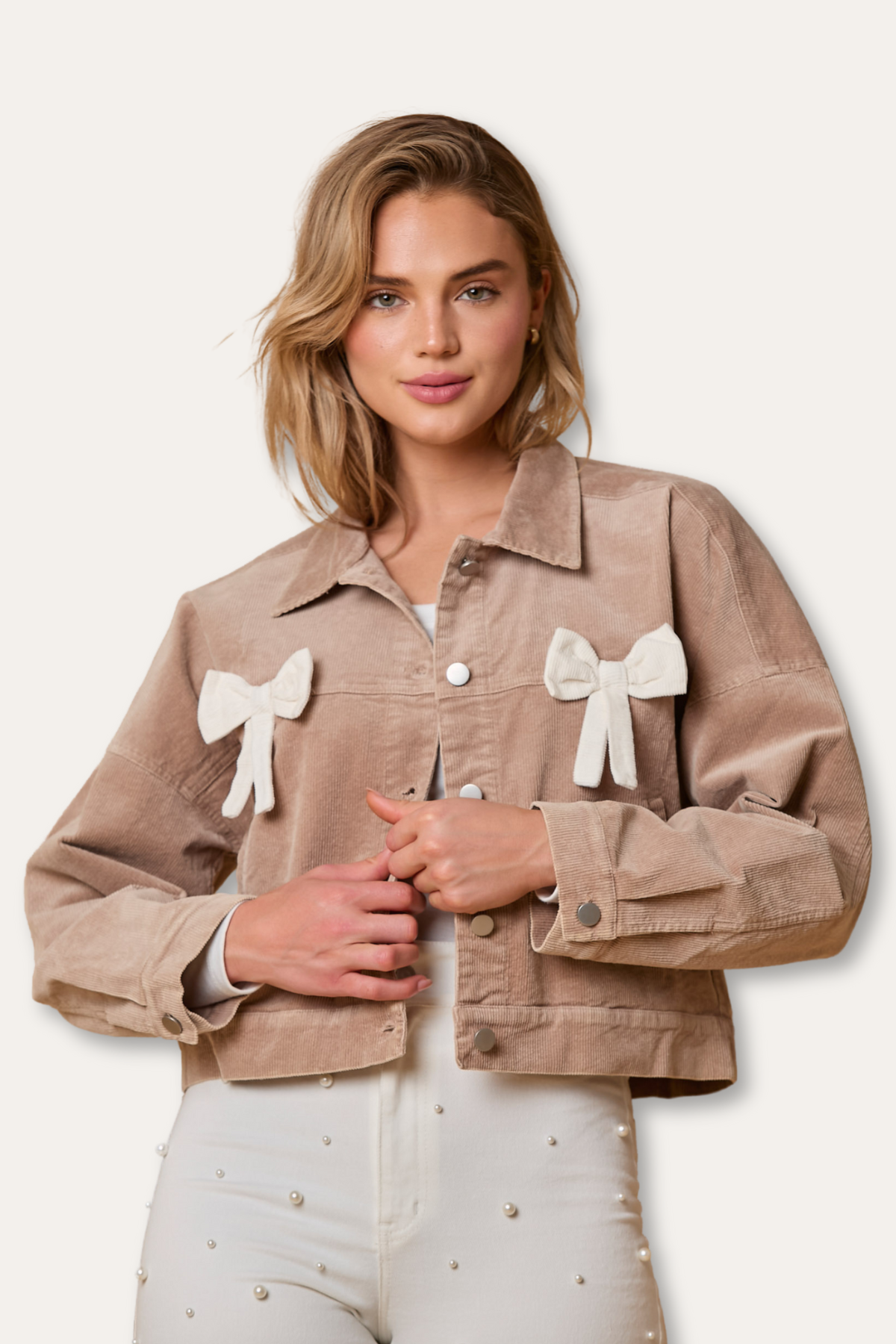 Corduroy 100% Cotton Bow Detail Button Jacket with Pockets