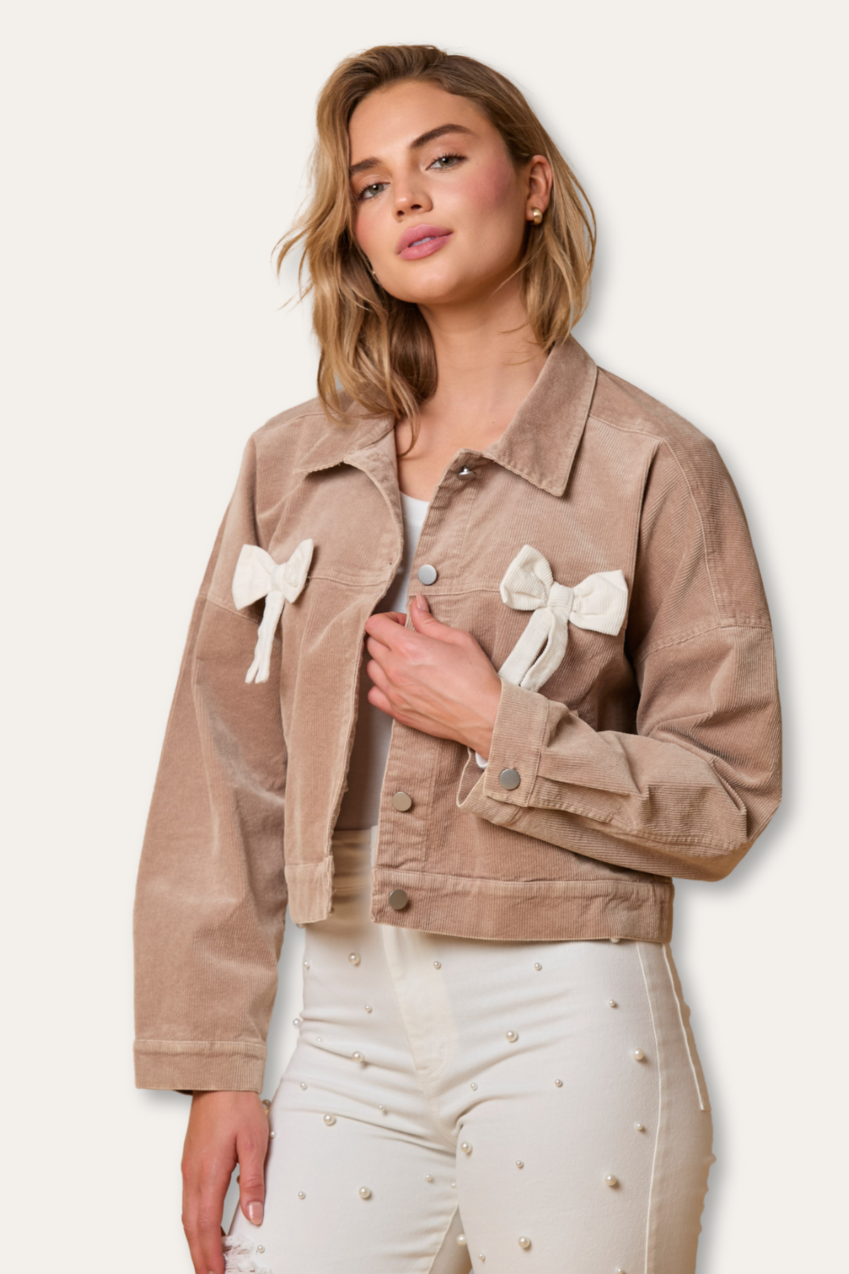 Corduroy 100% Cotton Bow Detail Button Jacket with Pockets