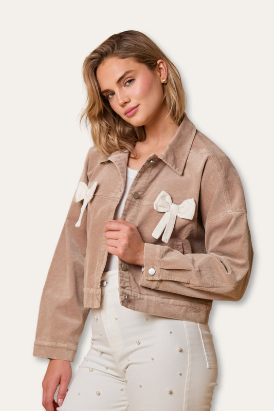 Corduroy 100% Cotton Bow Detail Button Jacket with Pockets