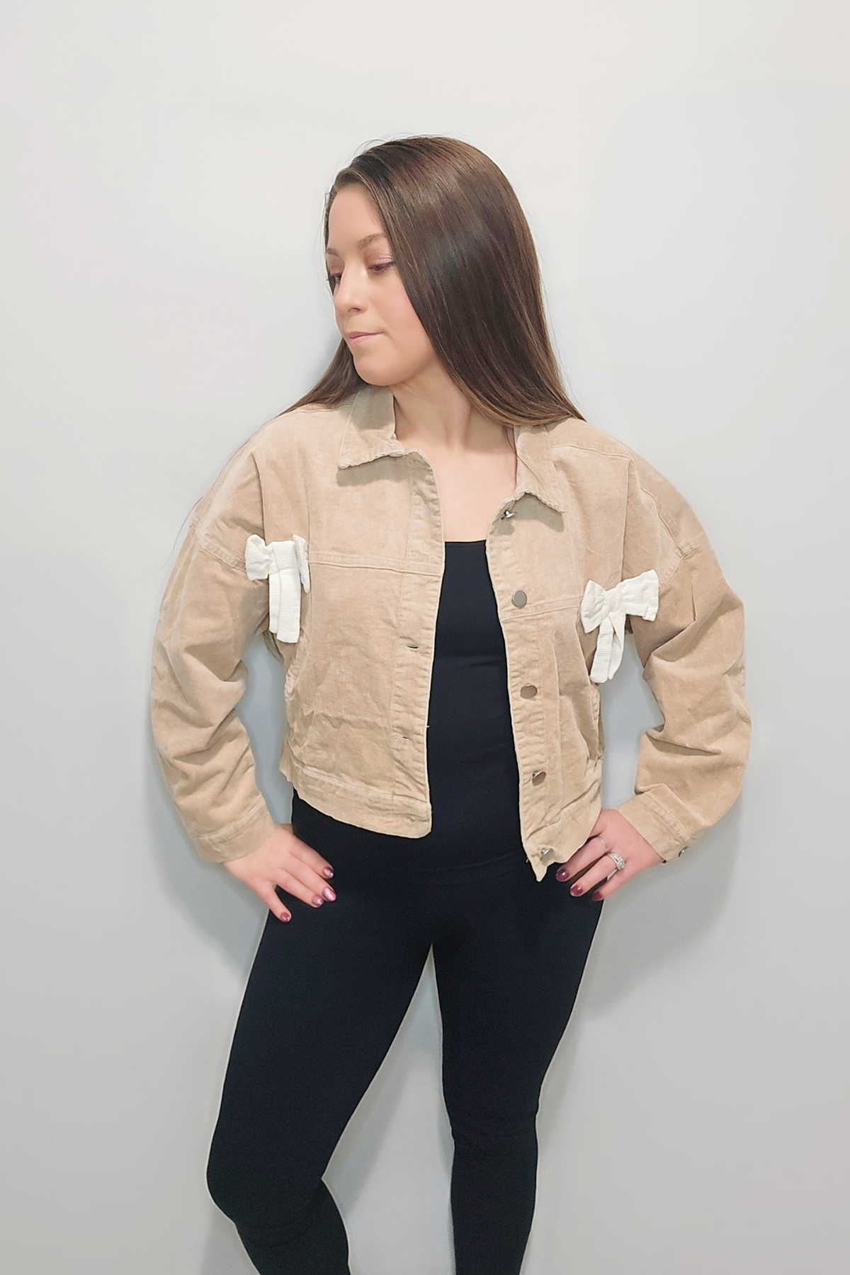 Corduroy 100% Cotton Bow Detail Button Jacket with Pockets