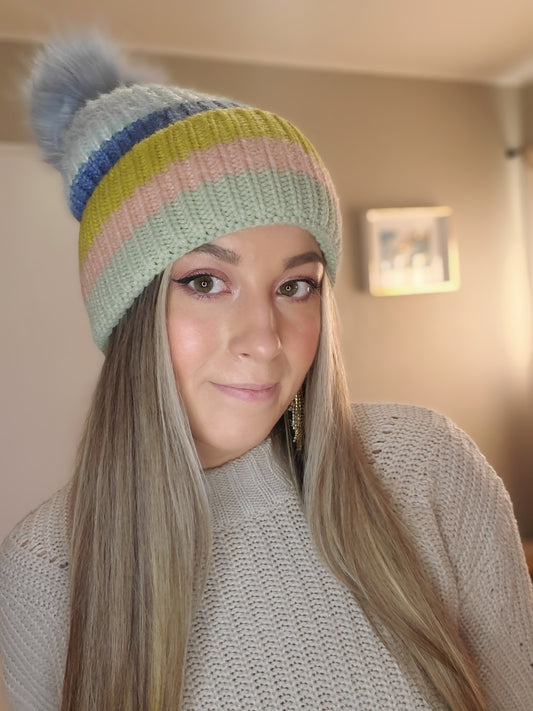 Cozy Pastels Women's Multi-Pastel Stripe Knit Beanie with Faux Fur Pom Pom