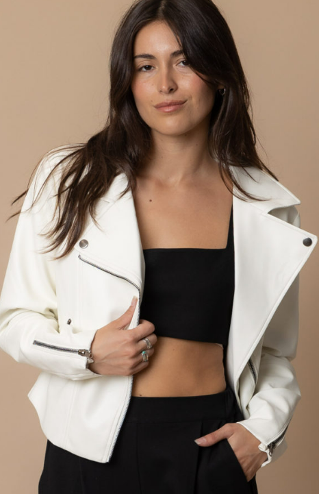 Night Out Women's White Faux Leather Moto Jacket