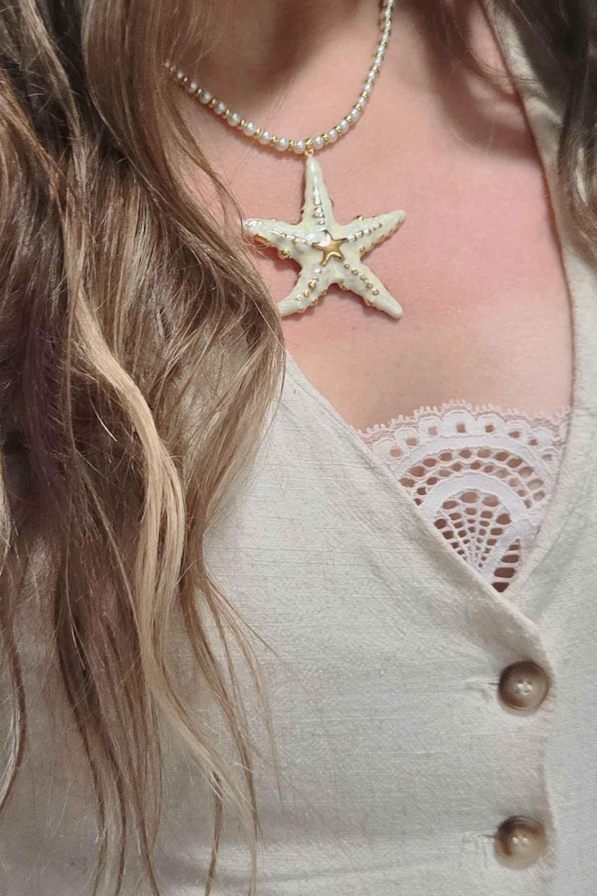 Golden Starfish Fresh Water Pearl 16" Statement Necklace