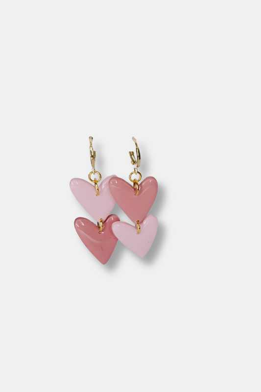 Handmade Clay Earrings Double Heart Dangles Huggie Hoop Clay Earrings in Pink & Gold Valentine's, Galentine's