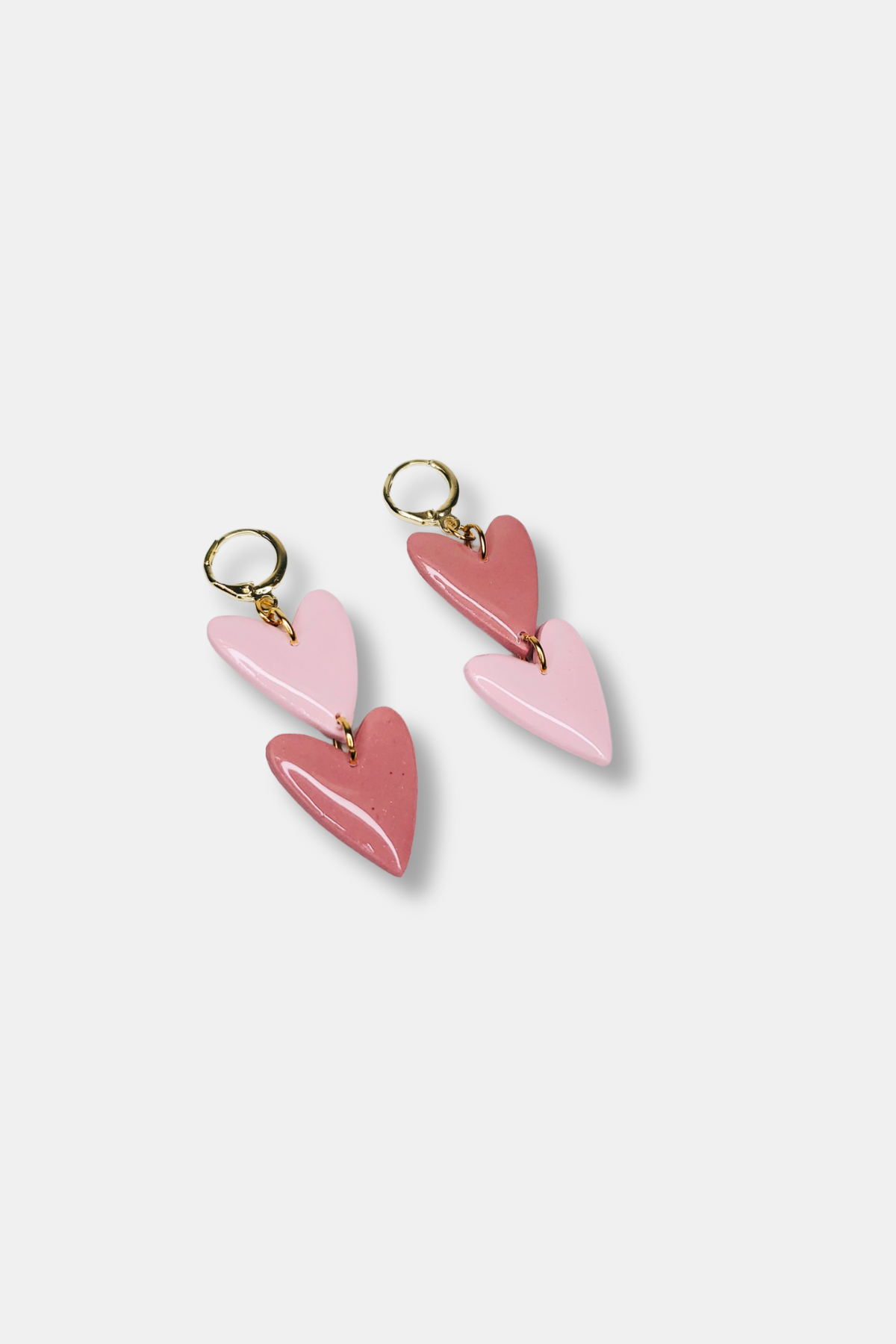 Handmade Clay Earrings Double Heart Dangles Huggie Hoop Clay Earrings in Pink & Gold Valentine's, Galentine's