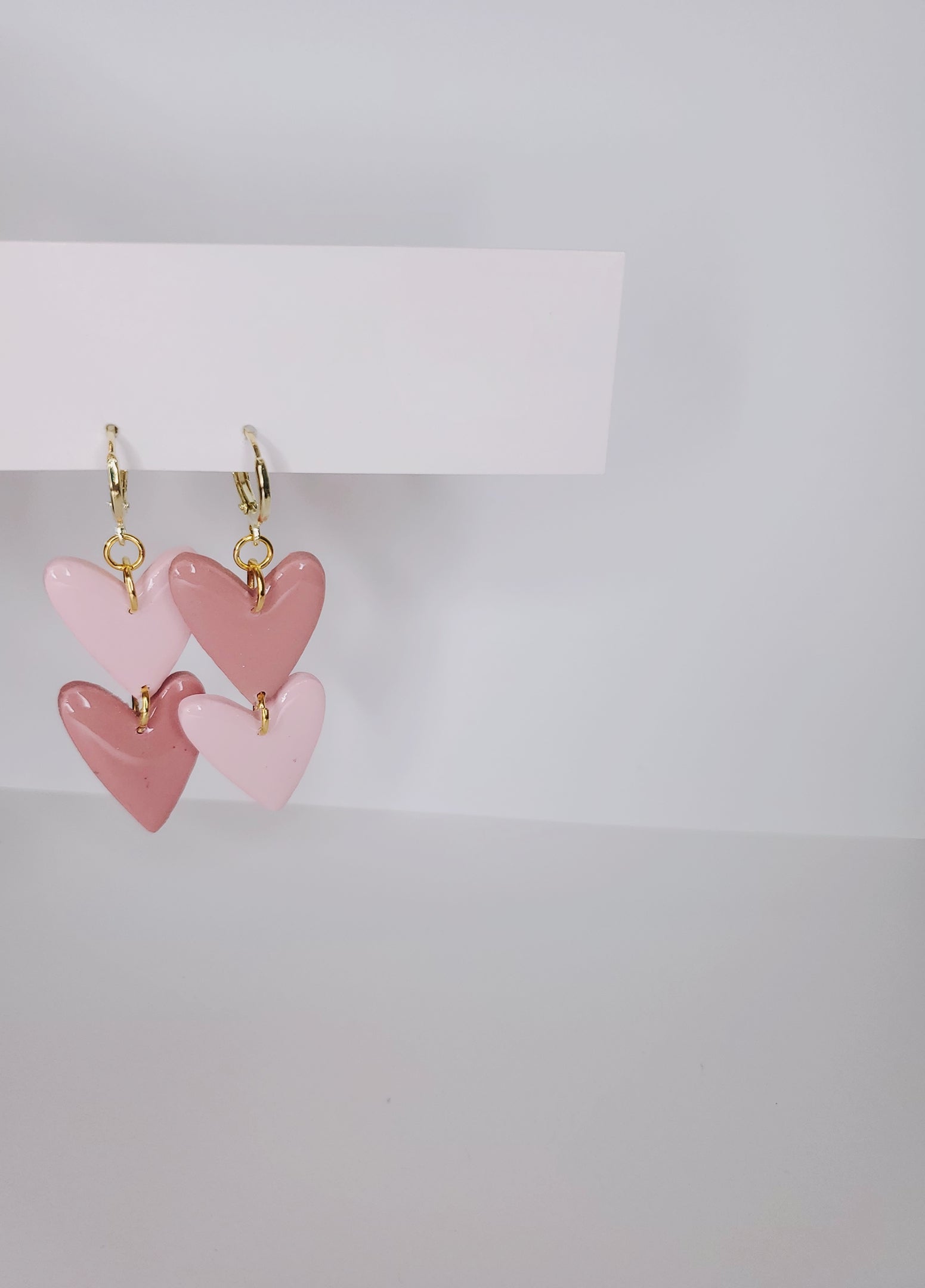 Handmade Clay Earrings Double Heart Dangles Huggie Hoop Clay Earrings in Pink & Gold Valentine's, Galentine's