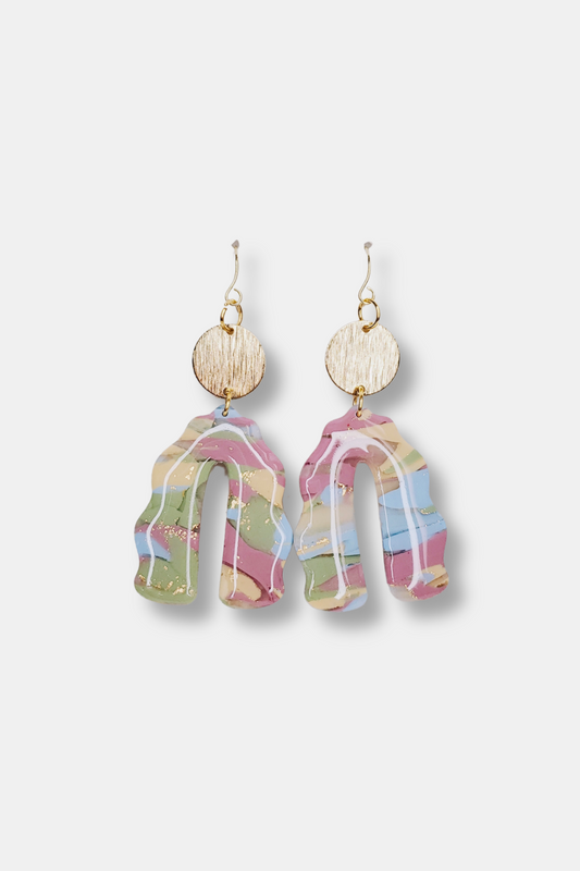Handmade Gold Speckled Pastel Wavy Arch Clay Earrings in Multi