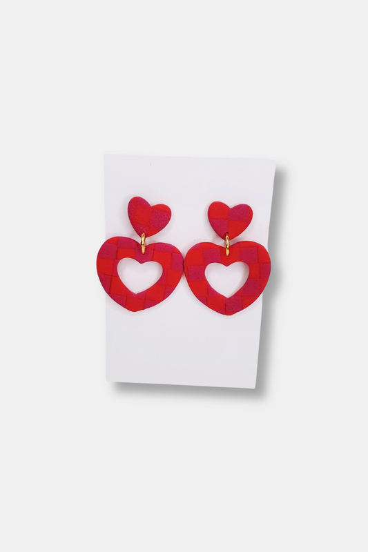 Handmade Heart Cutout Textured Checkerboard Dangle Clay Earrings