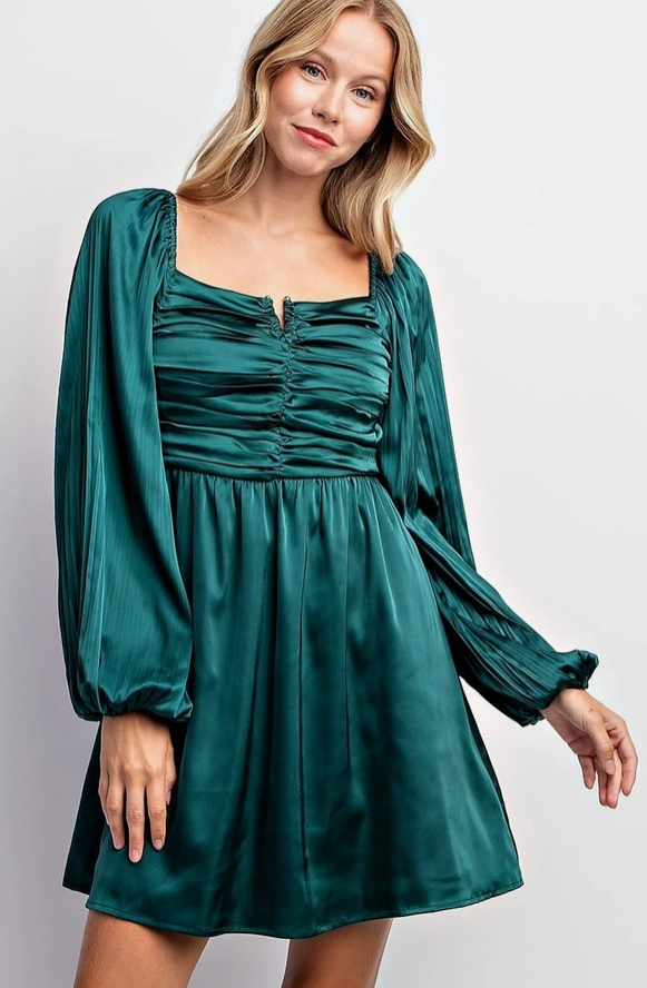 Festive Night Women's Pleated Bubble Sleeve Square Neck Satin Mini Dress in Hunter Green