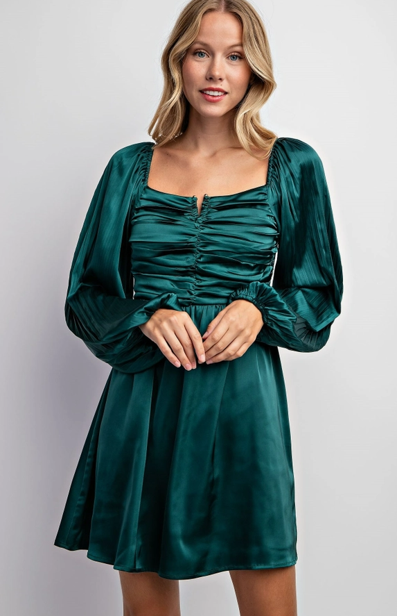 Festive Night Women's Pleated Bubble Sleeve Square Neck Satin Mini Dress in Hunter Green