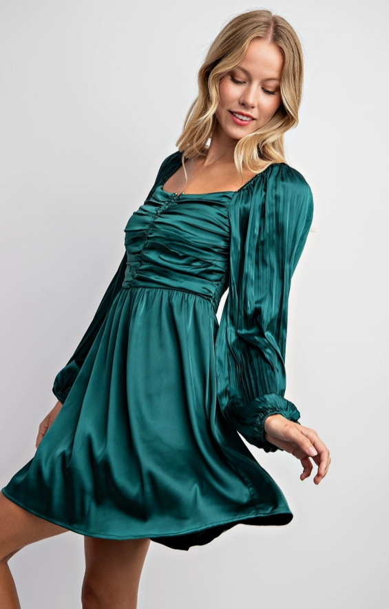 Festive Night Women's Pleated Bubble Sleeve Square Neck Satin Mini Dress in Hunter Green