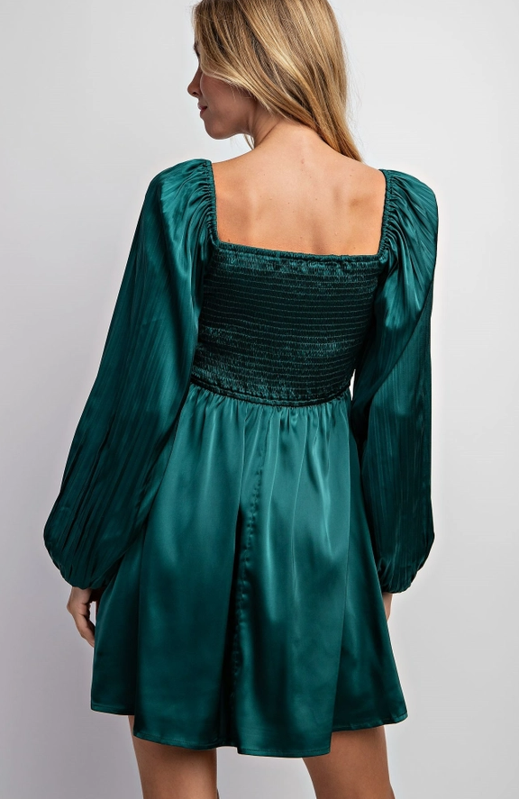 Festive Night Women's Pleated Bubble Sleeve Square Neck Satin Mini Dress in Hunter Green