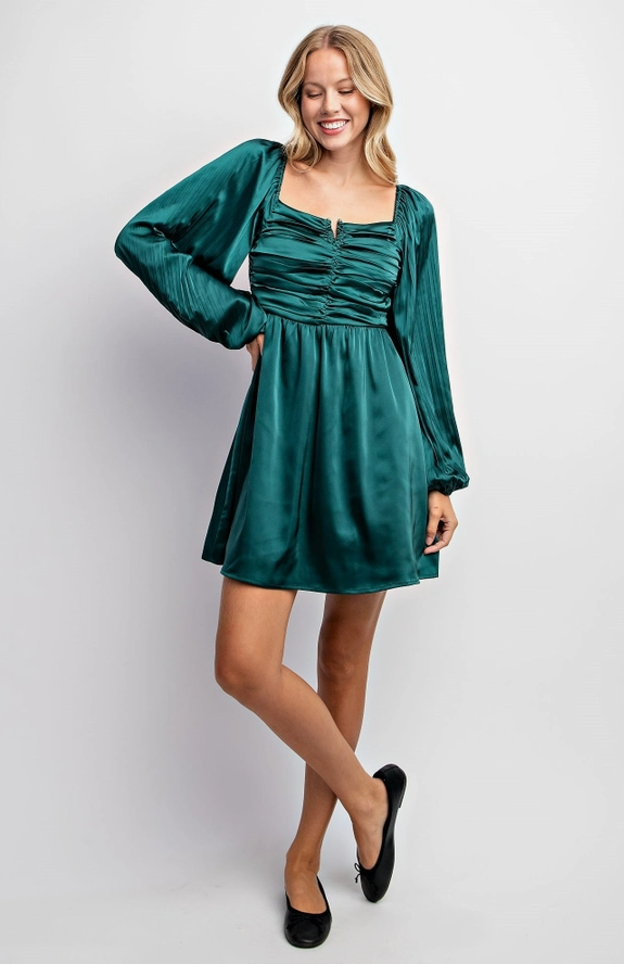 Festive Night Women's Pleated Bubble Sleeve Square Neck Satin Mini Dress in Hunter Green