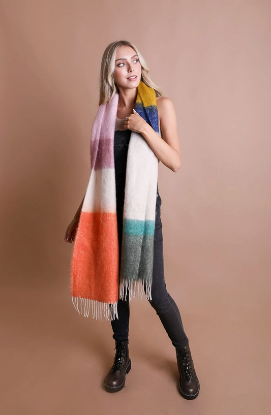Winter Bliss Women's Color Block Soft Faux Mohair Scarf with Tassels in Rainbow