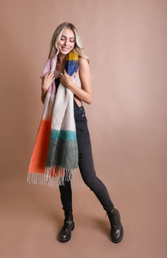 Winter Bliss Women's Color Block Soft Faux Mohair Scarf with Tassels in Rainbow