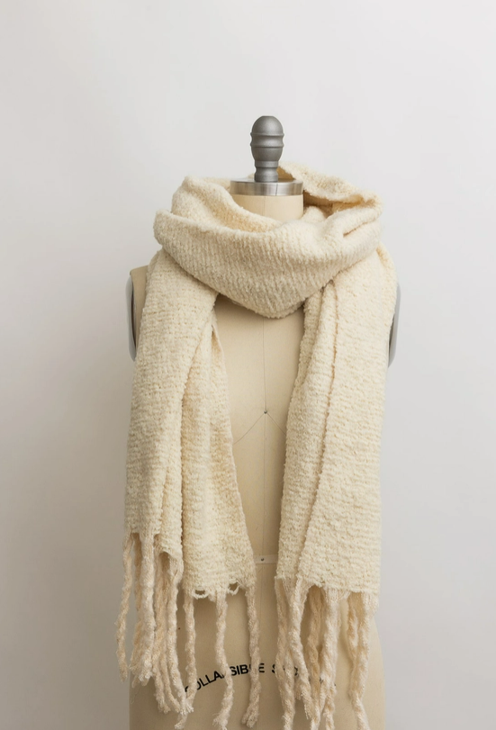 Bundled Up Cozy Knit Women's Scarf with Tassels in Ivory