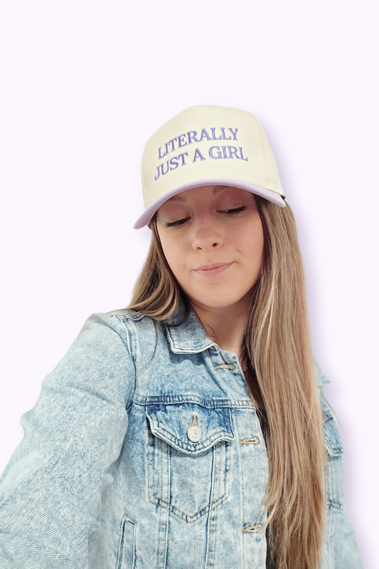 "Literally Just A Girl" Embroidered Two-Tone Lavender Brim Canvas Trucker Hat