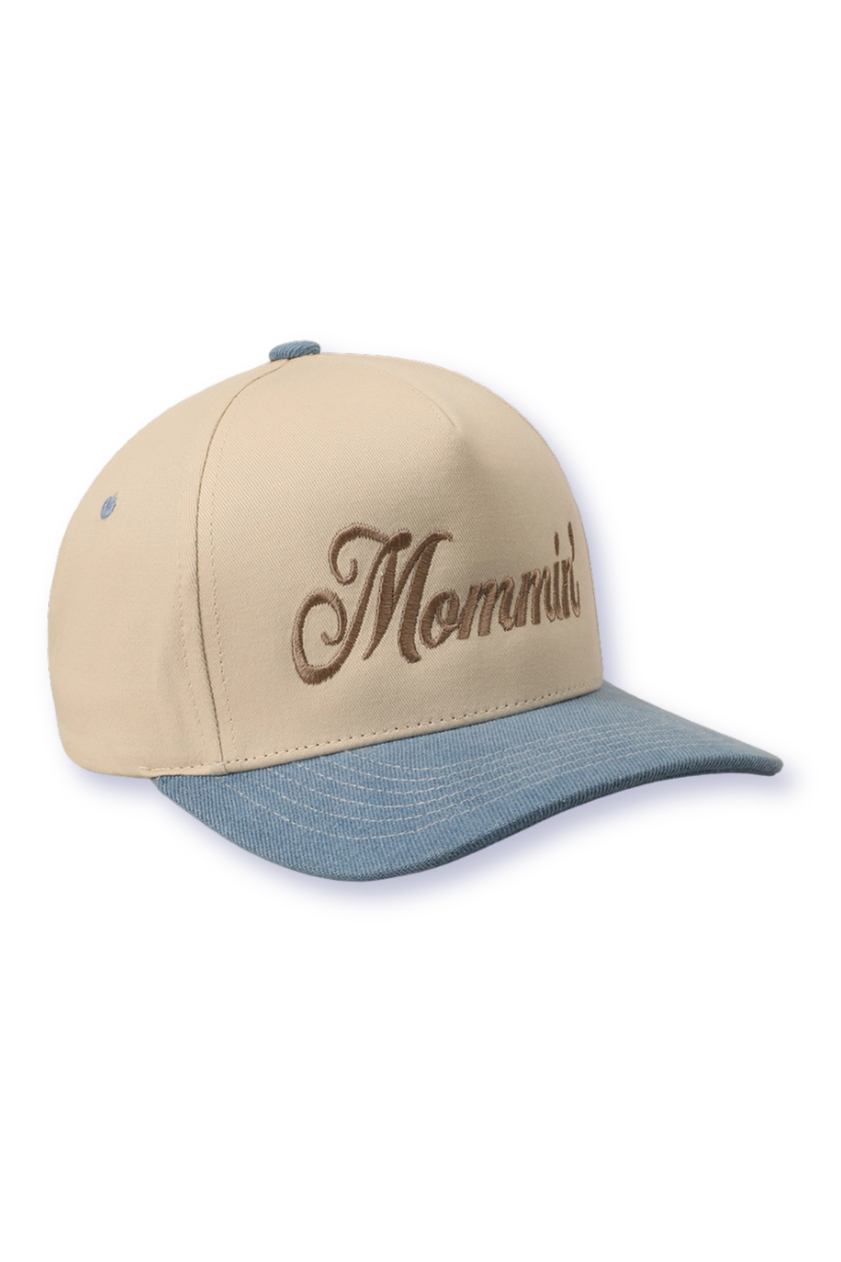 "Mommin" Embroidered Two-Tone Denim Brim Canvas Trucker Hat in Light Denim