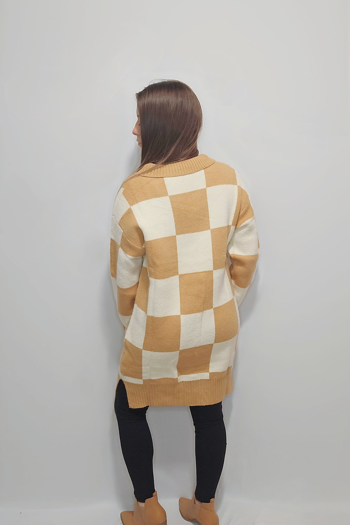 Oversized Collared Half-Button Checkered Knit Sweater Dress