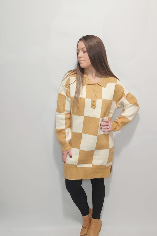 Oversized Collared Half-Button Checkered Knit Sweater Dress