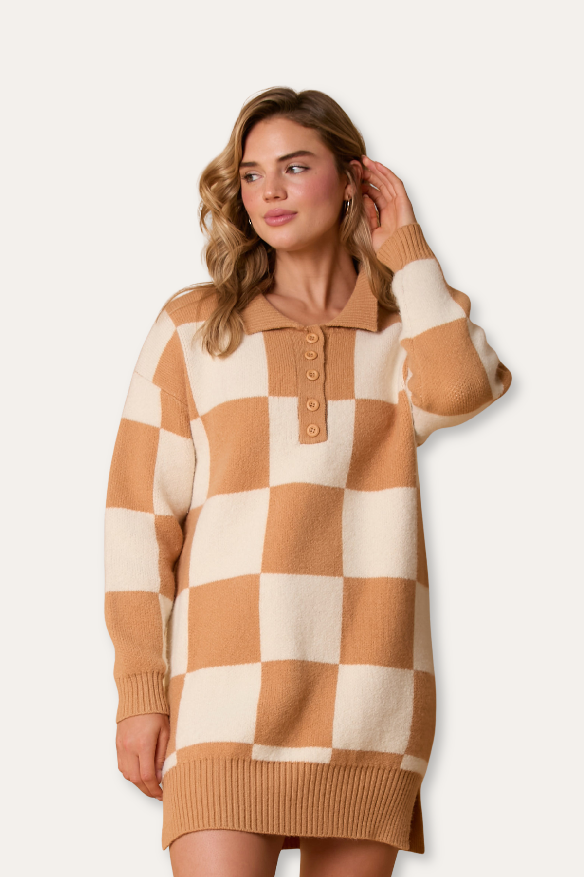 Oversized Collared Half-Button Checkered Knit Sweater Dress