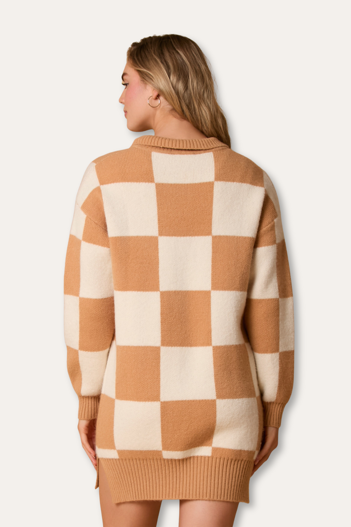 Oversized Collared Half-Button Checkered Knit Sweater Dress