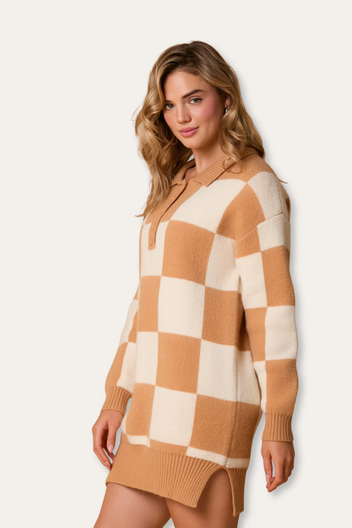 Oversized Collared Half-Button Checkered Knit Sweater Dress