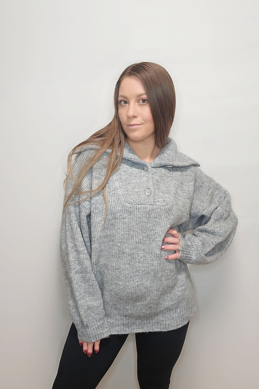 Oversized Fold-Over Collar Half Buttoned Knit Sweater Pullover- Available in Gray & Medium Coral Pink