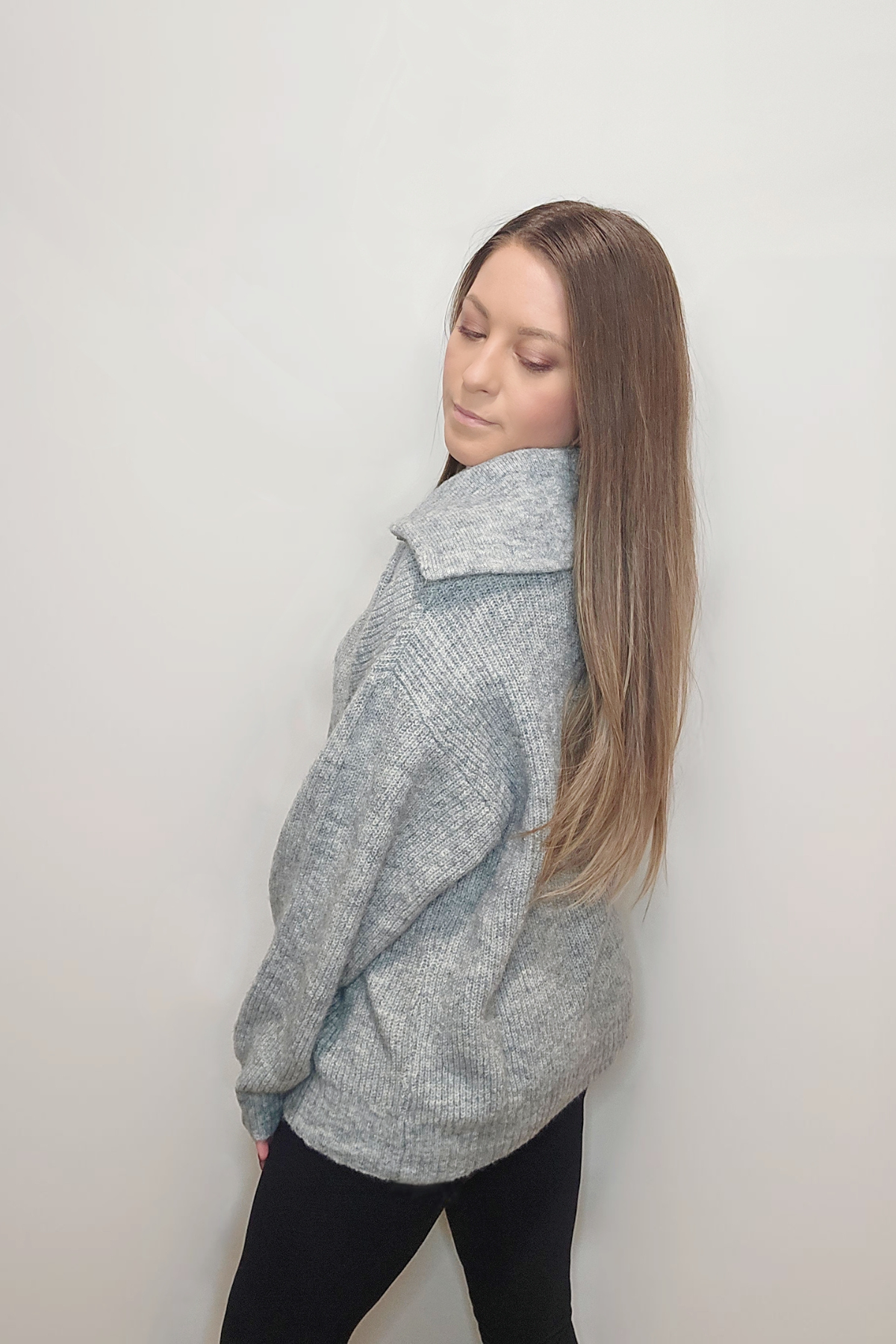 Oversized Fold-Over Collar Half Buttoned Knit Sweater Pullover- Available in Gray & Medium Coral Pink