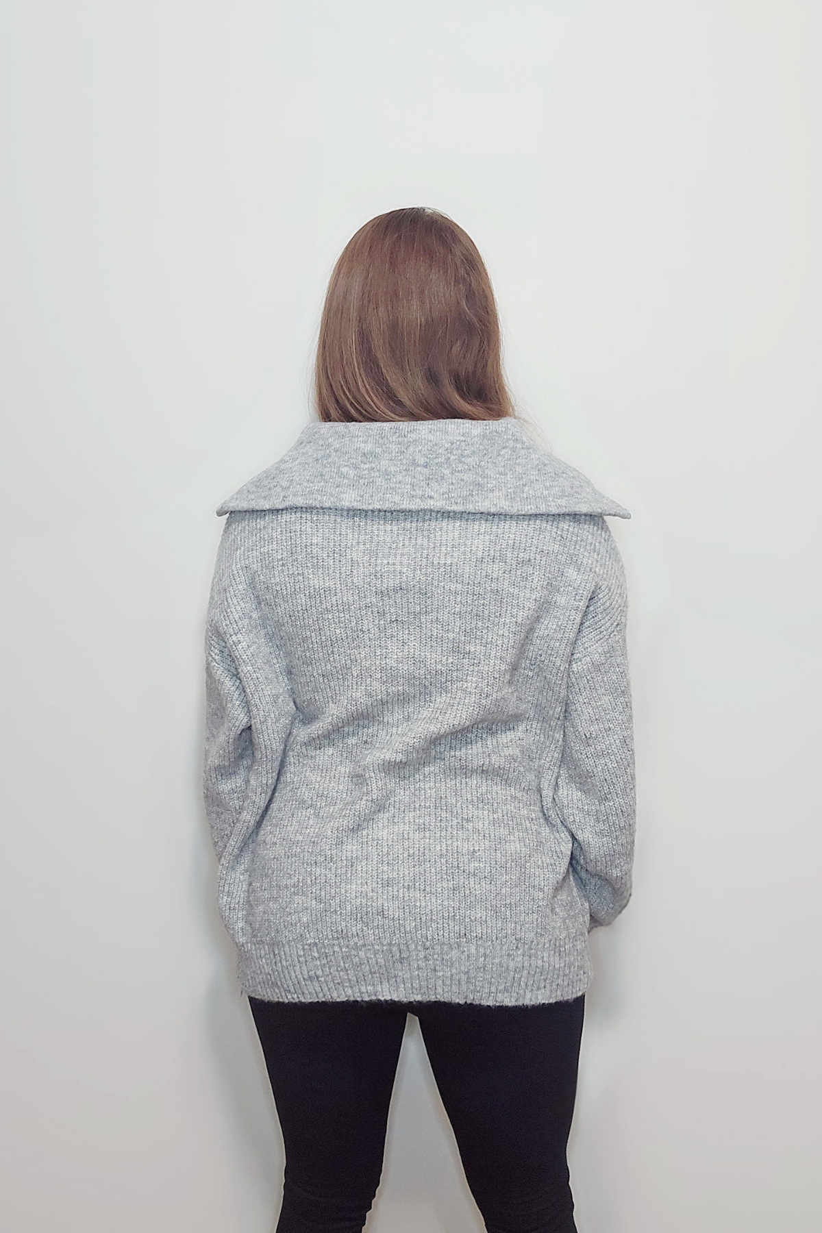 Oversized Fold-Over Collar Half Buttoned Knit Sweater Pullover- Available in Gray & Medium Coral Pink