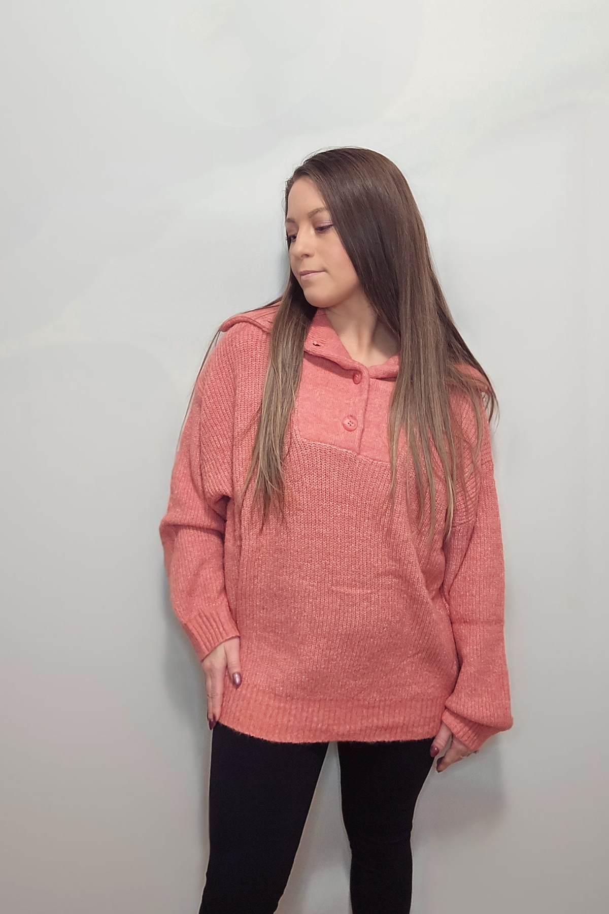 Oversized Fold-Over Collar Half Buttoned Knit Sweater Pullover- Available in Gray & Medium Coral Pink