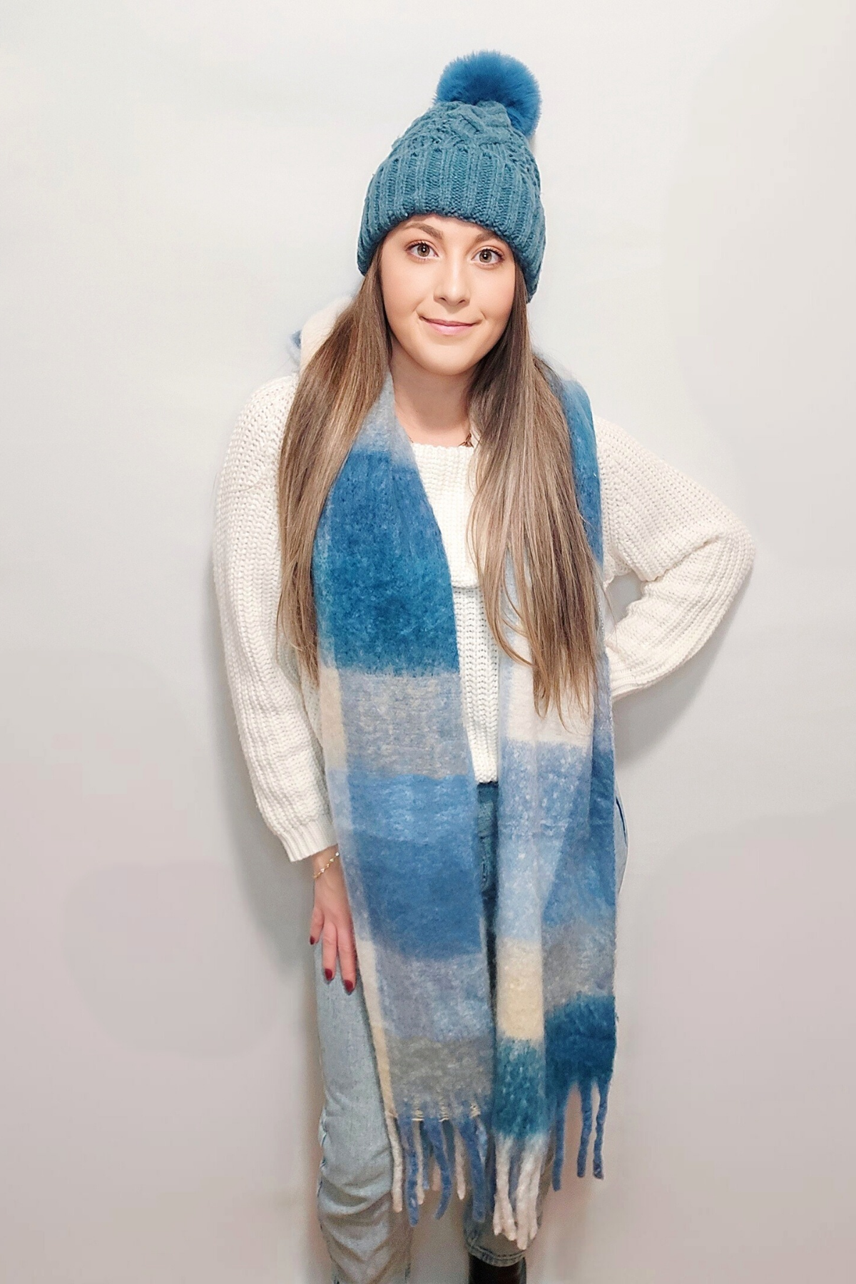 Pretty in Plaid Colorful Plaid Tassel Scarf in Bright Blue