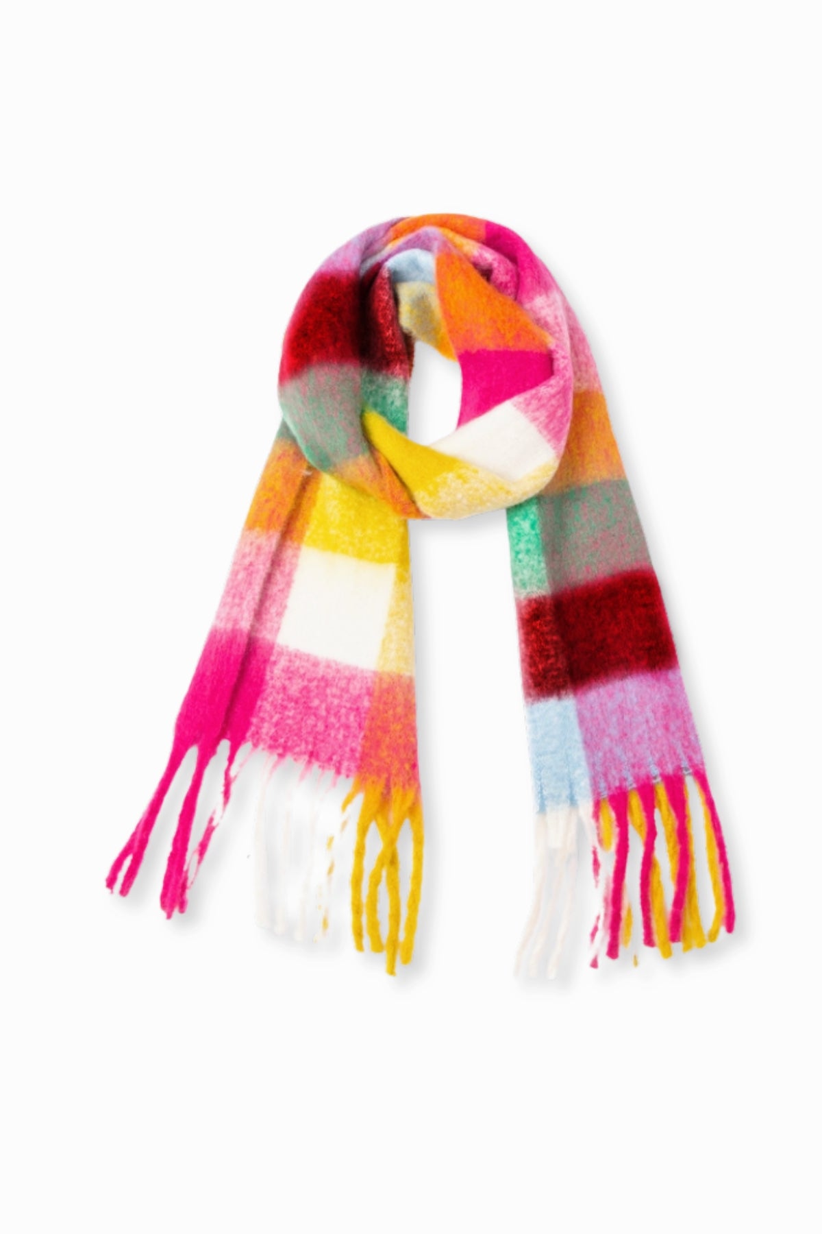Pretty in Plaid Colorful Plaid Tassel Scarf in Bright Rainbow Mix