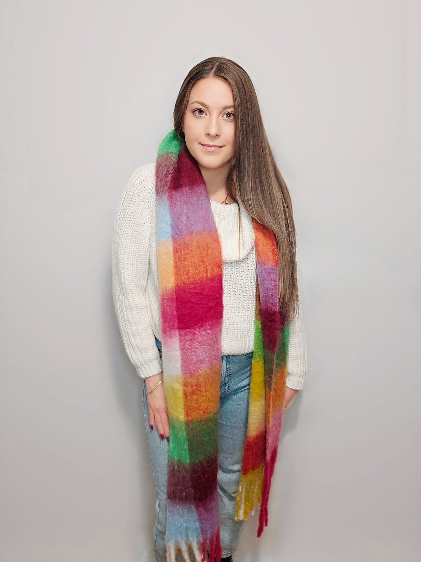 Pretty in Plaid Colorful Plaid Tassel Scarf in Bright Rainbow Mix