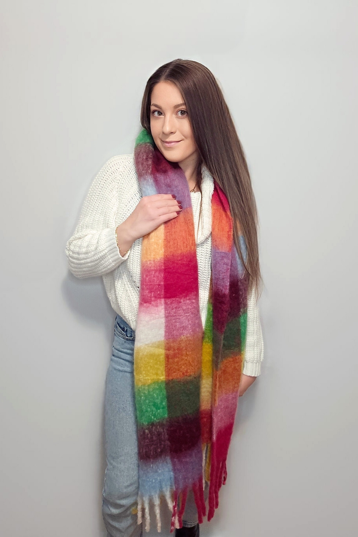 Pretty in Plaid Colorful Plaid Tassel Scarf in Bright Rainbow Mix
