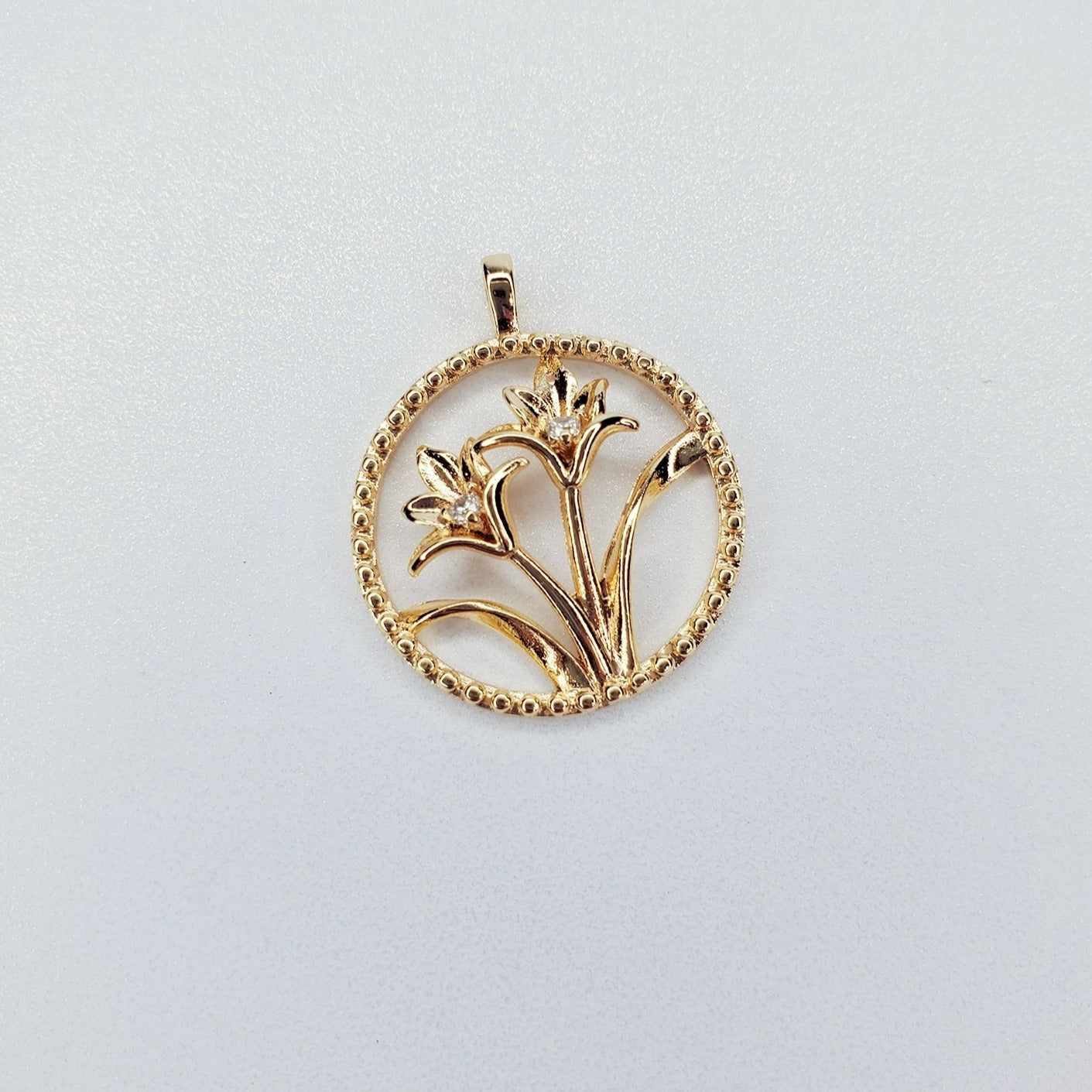 18K Real Gold Plated Round Lily Floral Rhinestone Charm