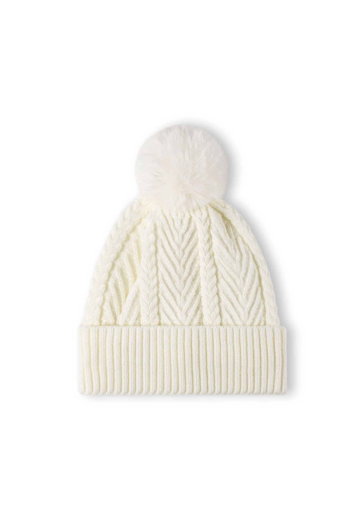 Soft & Cozy Fleece Lined Twist Knit Faux Fur Pom Beanie- in Ivory- Winter Hat