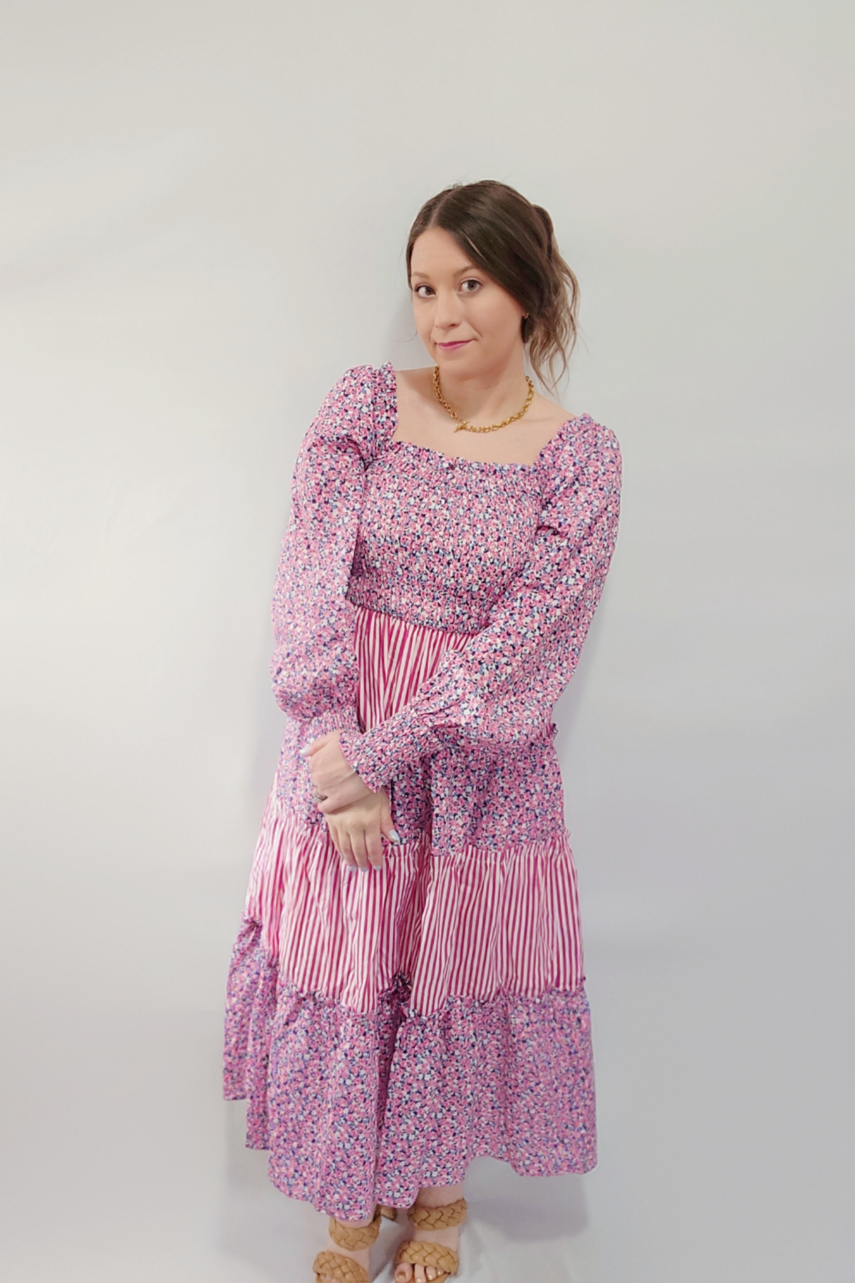 Striped Blooms Floral Smocked Long-Sleeve Tiered Maxi Dress