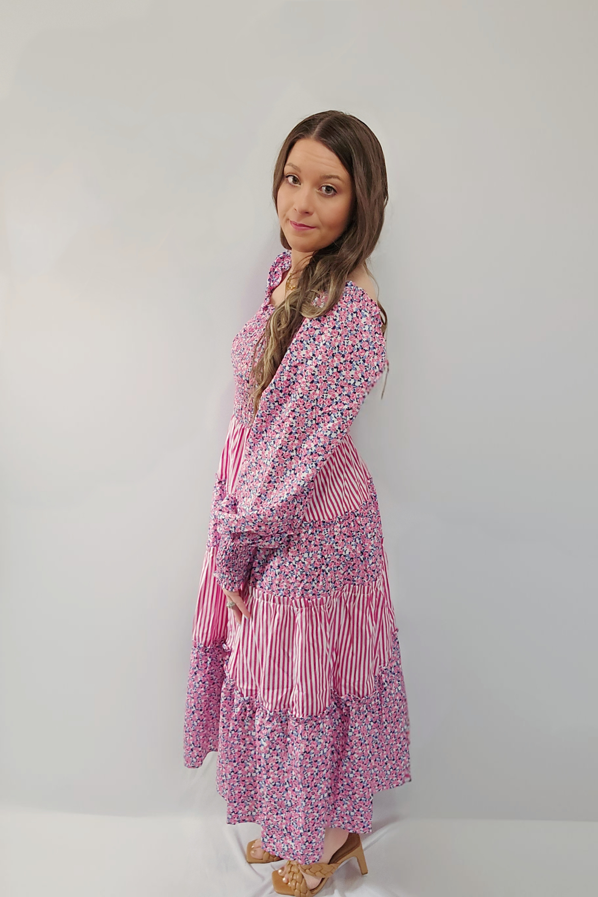 Striped Blooms Floral Smocked Long-Sleeve Tiered Maxi Dress