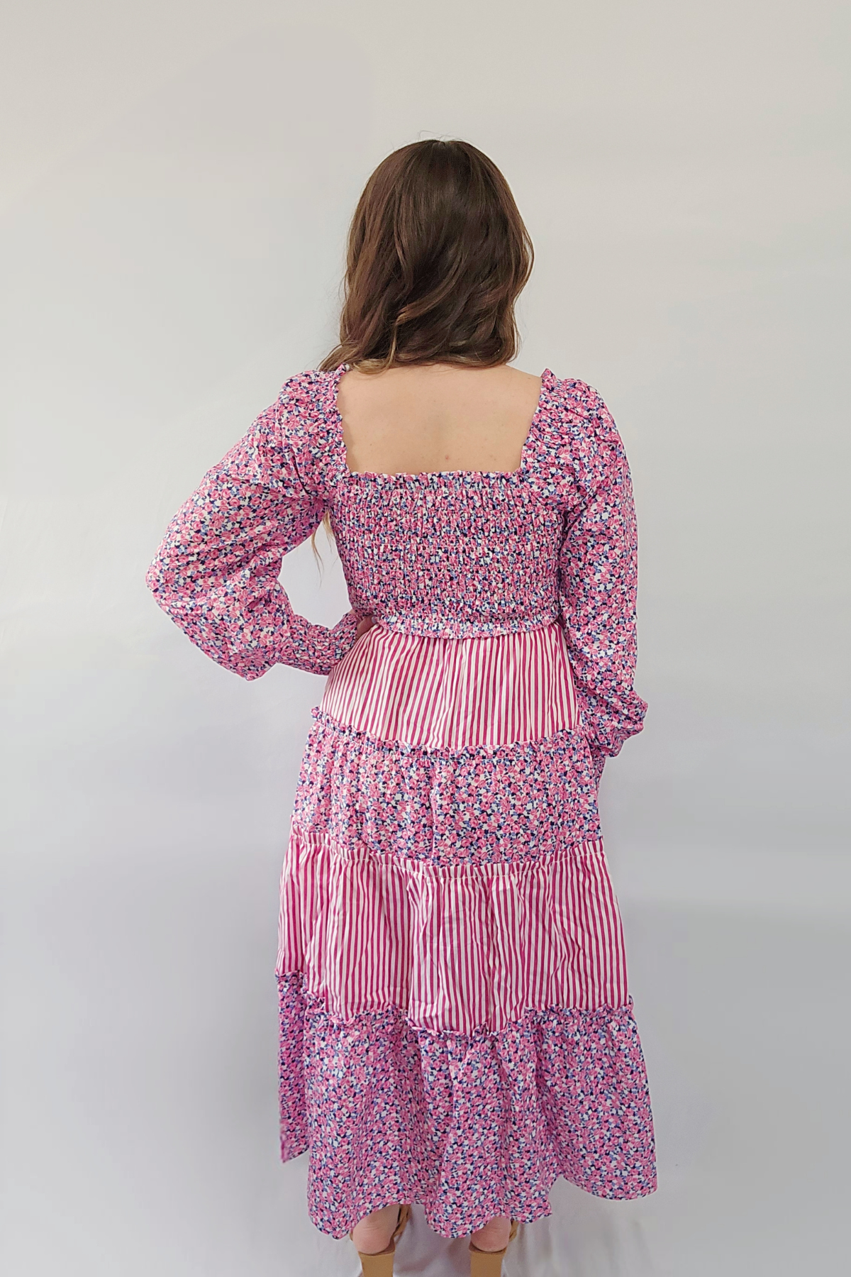 Striped Blooms Floral Smocked Tiered Maxi Dress | Opal & Silk Pink / Small Striped Blooms Floral Smocked Tiered Maxi Dress | Opal & Silk Pink / Small