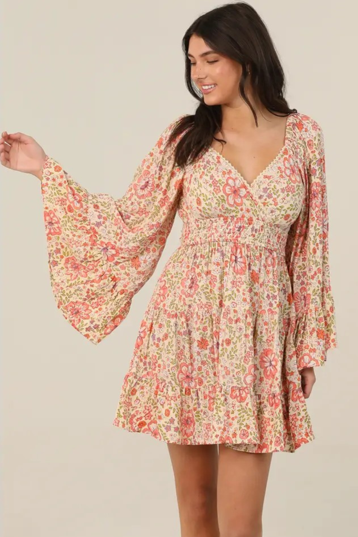 Sunkissed Blossoms Boho Floral Bell Sleeve Mini Dress