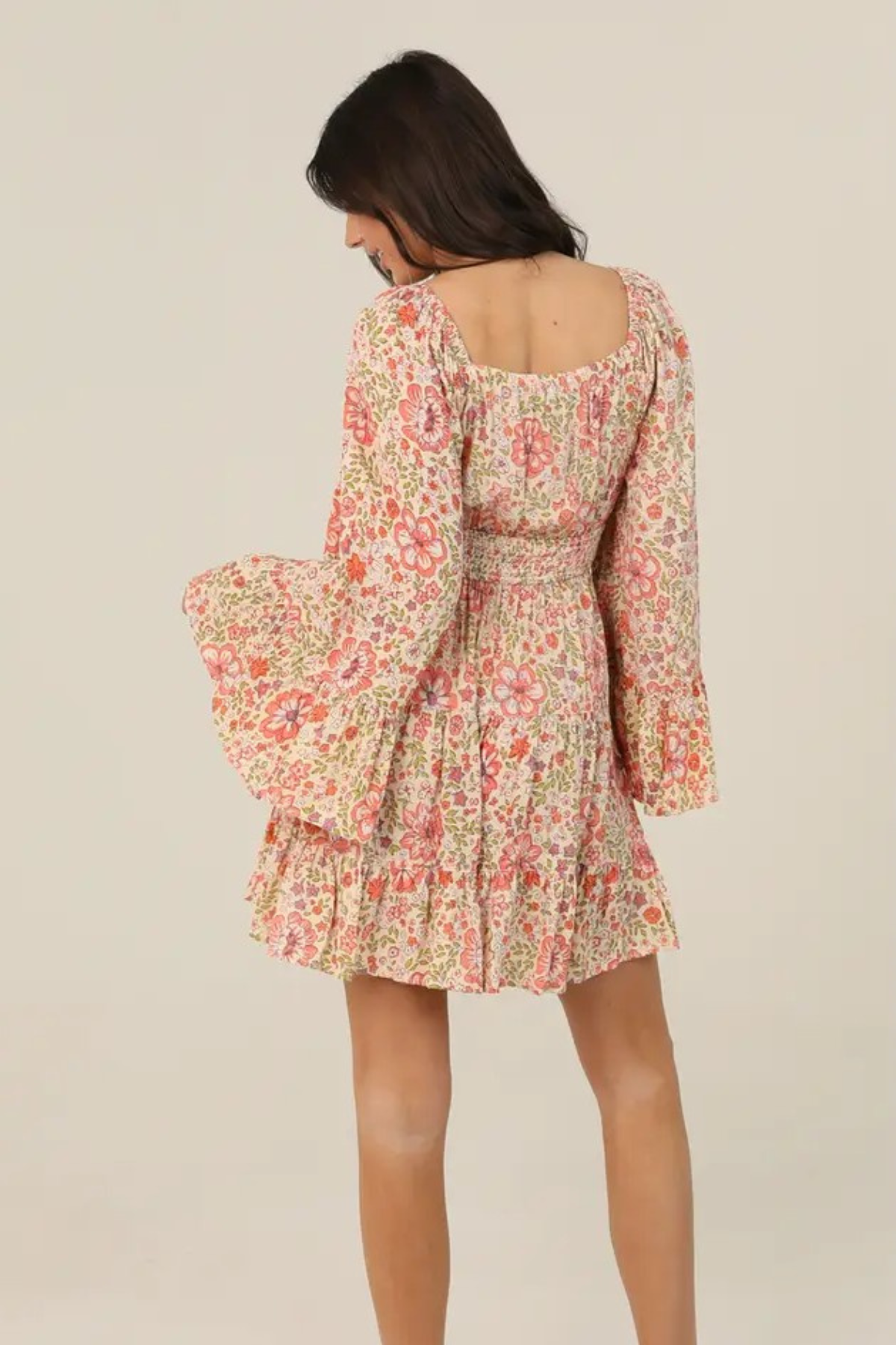 Sunkissed Blossoms Boho Floral Bell Sleeve Mini Dress