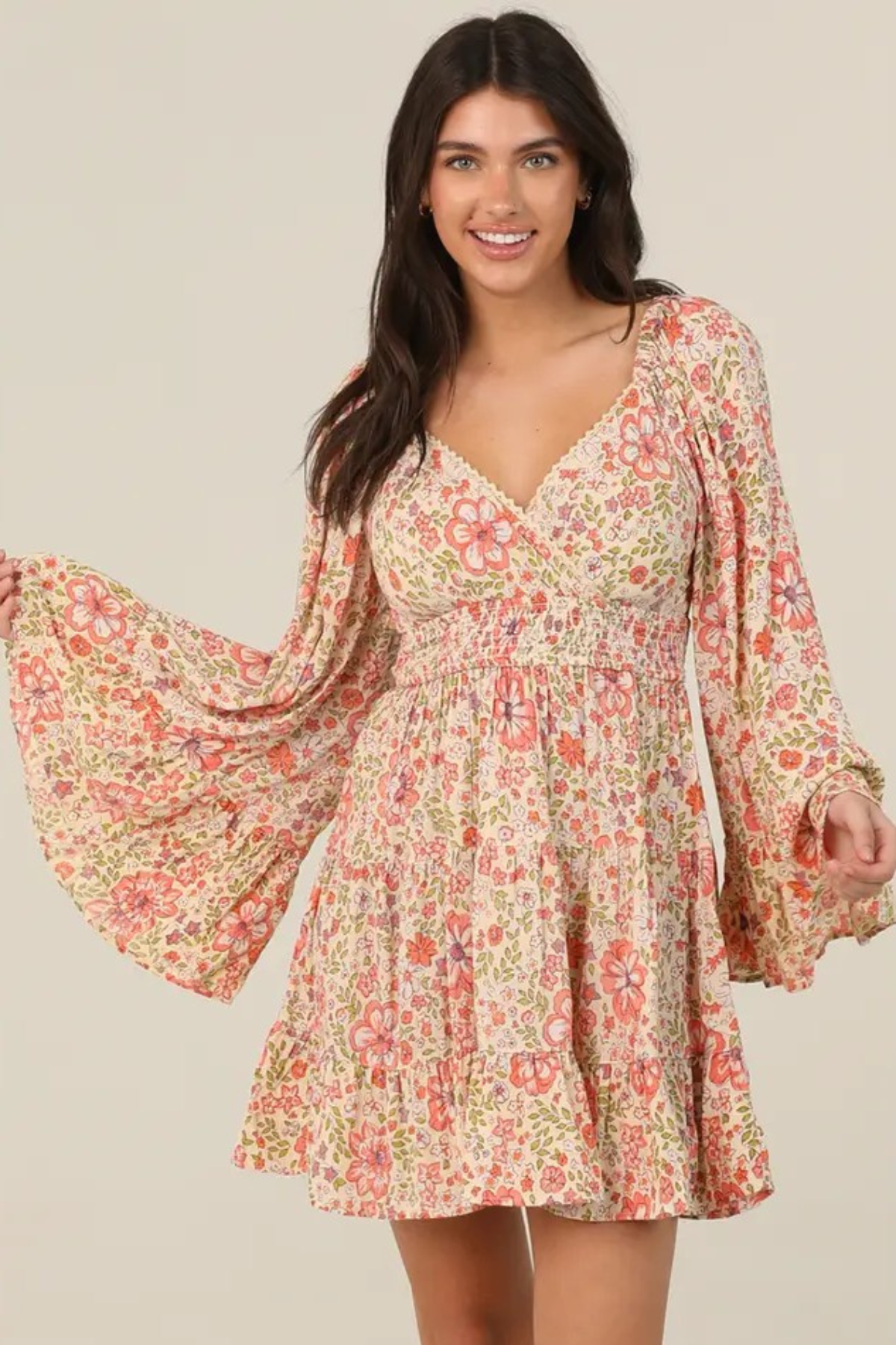 Sunkissed Blossoms Boho Floral Bell Sleeve Mini Dress