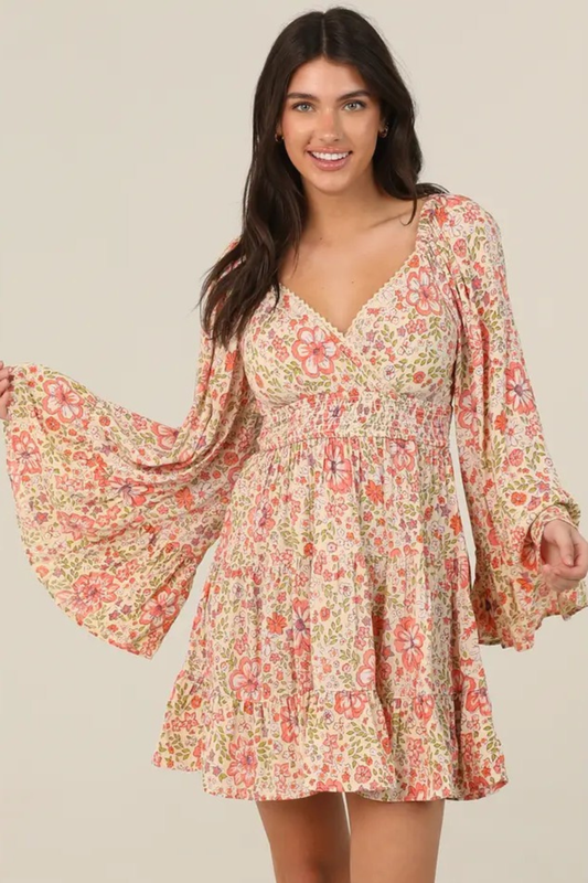 Sunkissed Blossoms Boho Floral Bell Sleeve Mini Dress