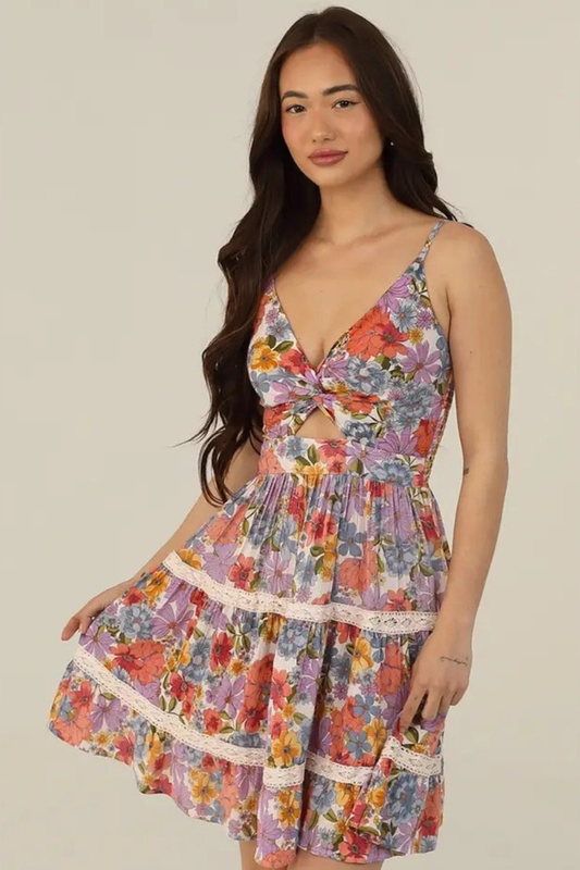 Sunny Days Floral V-Neck Twist Cut-Out Lace Mini Dress