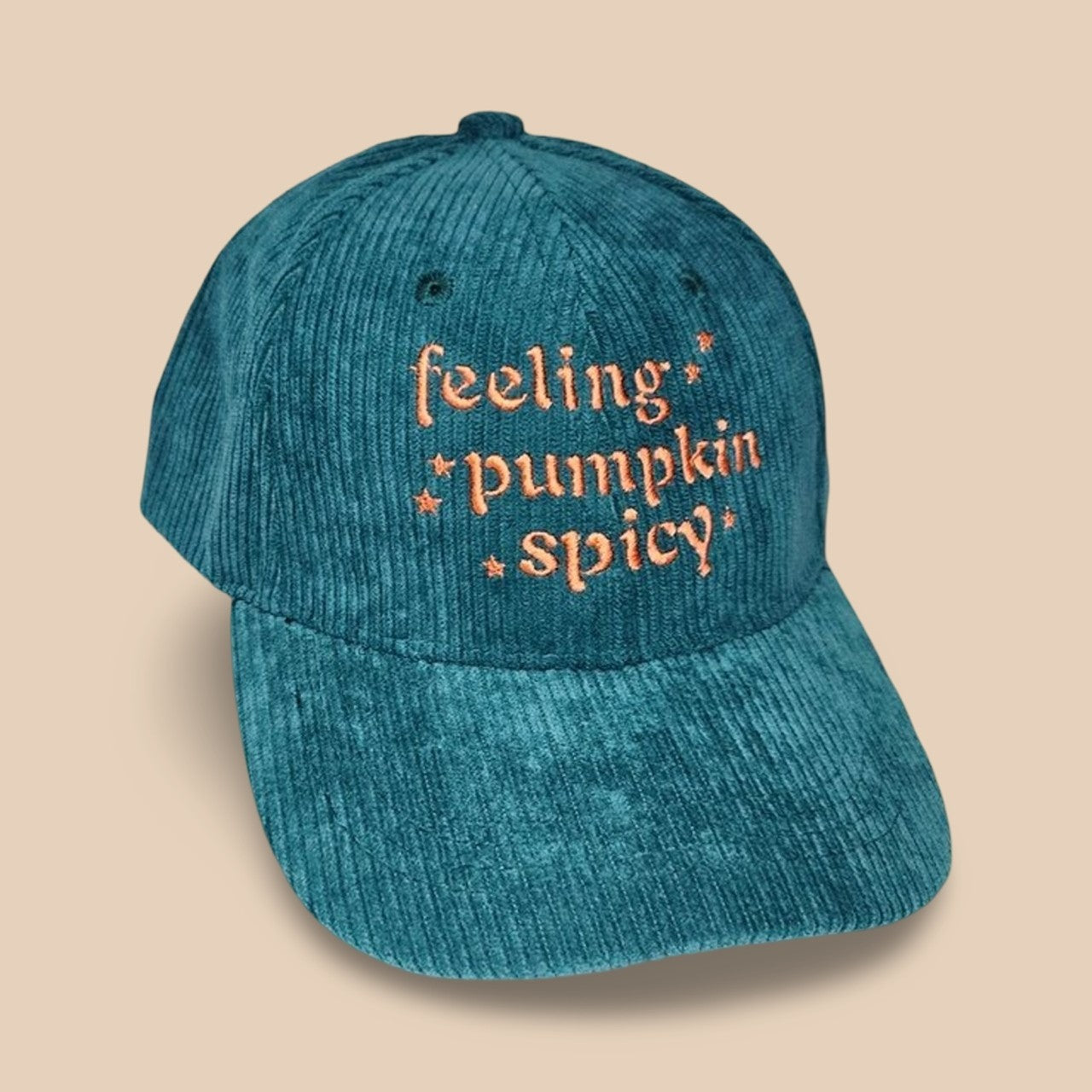 Teal corduroy and orange embroidered pumpkin spice baseball hat